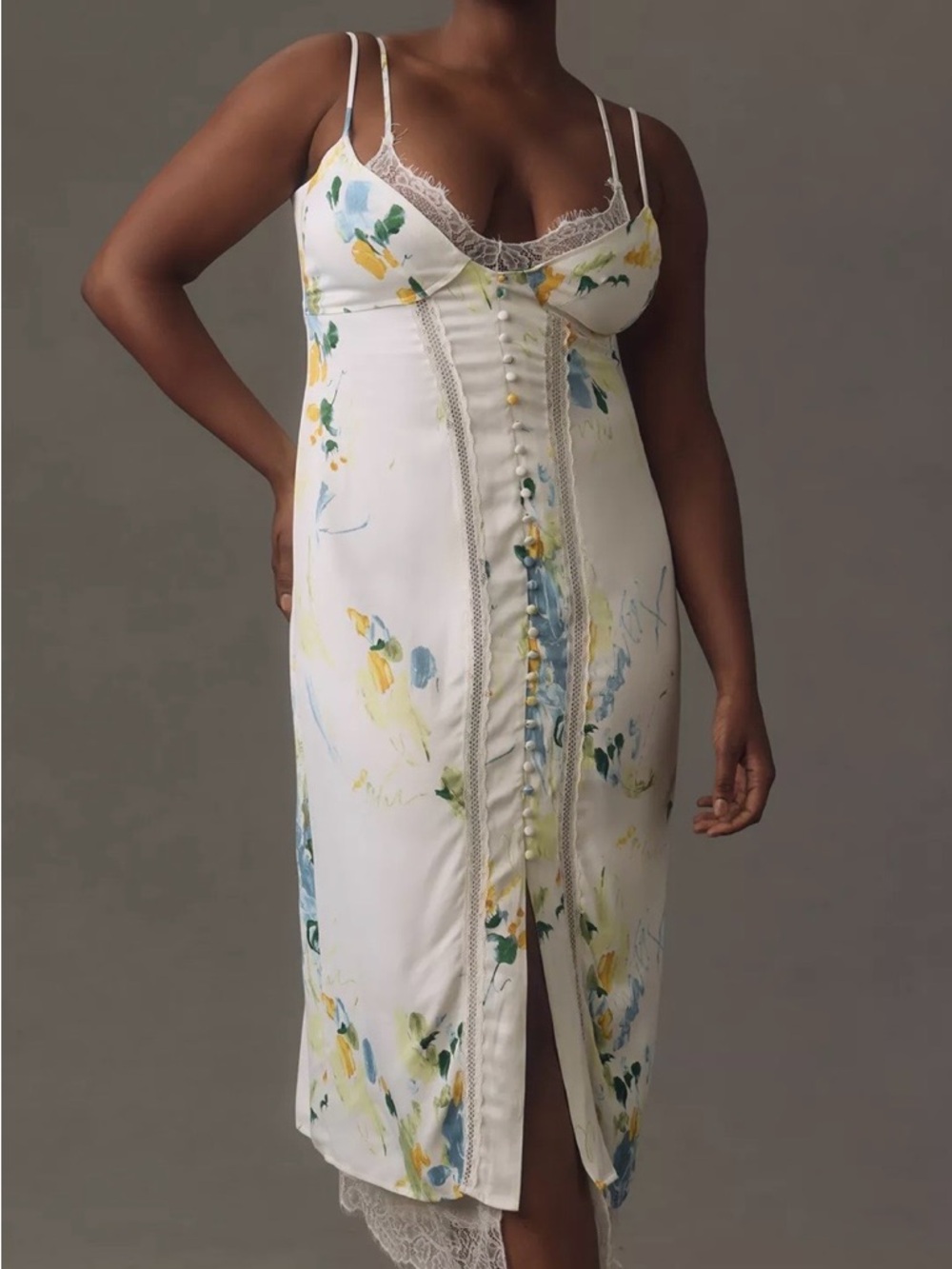 Anthropologie White Slip Dress with Blue & Yellow Floral Print